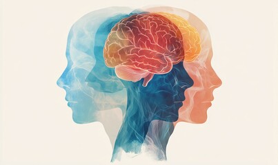 human brain illustration showcasing cognitive processes, emotions, and mental health with overlappin