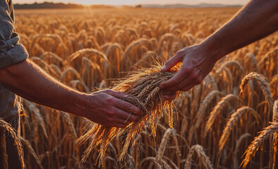Poster - Two people are holding a bunch of wheat in a field. The wheat is golden and the field is full of it