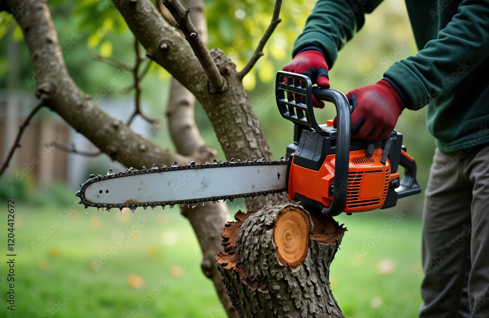 Pro gardener uses chainsaw to trim branches from old tree in backyard ...