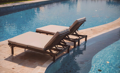 Fototapete - Two lounge chairs are sitting in the water at a pool. The chairs are positioned on the edge of the pool, with one chair facing the water and the other facing the opposite direction. The chairs are