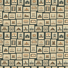 Vector seamless pattern with old postage stamps with sights from different countries. Repeating background in retro style on a travel theme. Suitable for wallpaper, wrapping paper or fabric design