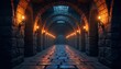 © miss irine - Long dark medieval corridor in stone castle. Torches light way. Ancient stone walls, arches create mysterious atmosphere. Corridor stretches into distance. Eerie scene perfect for fantasy games,