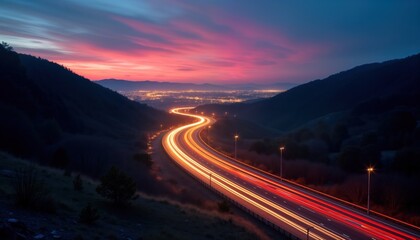 Fototapete - Night highway with long exposure light trails. Cars move fast. City lights below seen from high vantage point. Vivid colors of sunrisesunset above road. Scenic route through valley. Beautiful