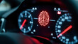 © miss irine - Car dashboard shows firmware update process. Red brain icon appears on display. Digital screen indicates ongoing system upgrade. Vehicle tech displays data about system update. Car modern vehicle.
