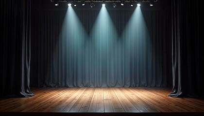 Aufkleber - Empty stage with three spotlights shining on it. Wooden floor and dark drapes. Possible scene for concert or show. Bright lights create dramatic effect. Ideal for entertainment or event photo.