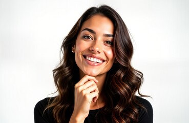 Wall Mural - Happy young Hispanic woman with long wavy brown hair smiles at camera. Looks confident, touches chin thoughtfully. Studio shot against plain white background. Perfect skin, stylish black top. Beauty,