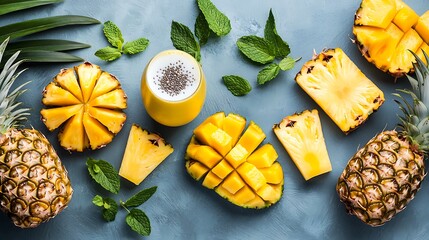 Wall Mural - Pineapple, mango, smoothie, mint leaves on blue background. Tropical flat lay