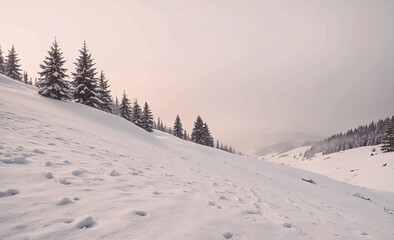 Poster - A snowy hillside with trees and a sky in the background. The sky is a light blue color