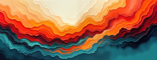 Aufkleber - Abstract painting with vibrant colorful layers. Modern design. Fluid paint textures create wavy patterns. Colorful background. Suggests dynamic motion, creativity. Perfect for use as wallpaper art