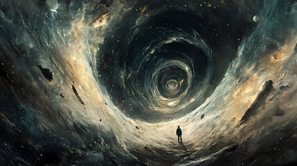 Wall Mural - a cosmic storm swirling through space, with planets, stars, and galaxies caught in the vortex, and a