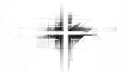 Poster - Abstract digital design featuring intersecting lines and shapes with a cross in a minimalistic style and light tones. Generative AI