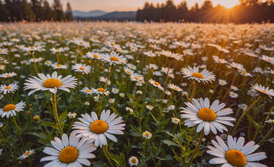Poster - A field of white daisies with the sun shining on them. The sun is in the background and the flowers are in the foreground