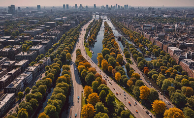Fototapete - A city with a lot of trees and a lot of cars. The trees are orange and yellow