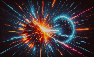 Wall Mural - A bright, colorful explosion in space with a planet in the middle. The explosion is so bright that it is almost blinding