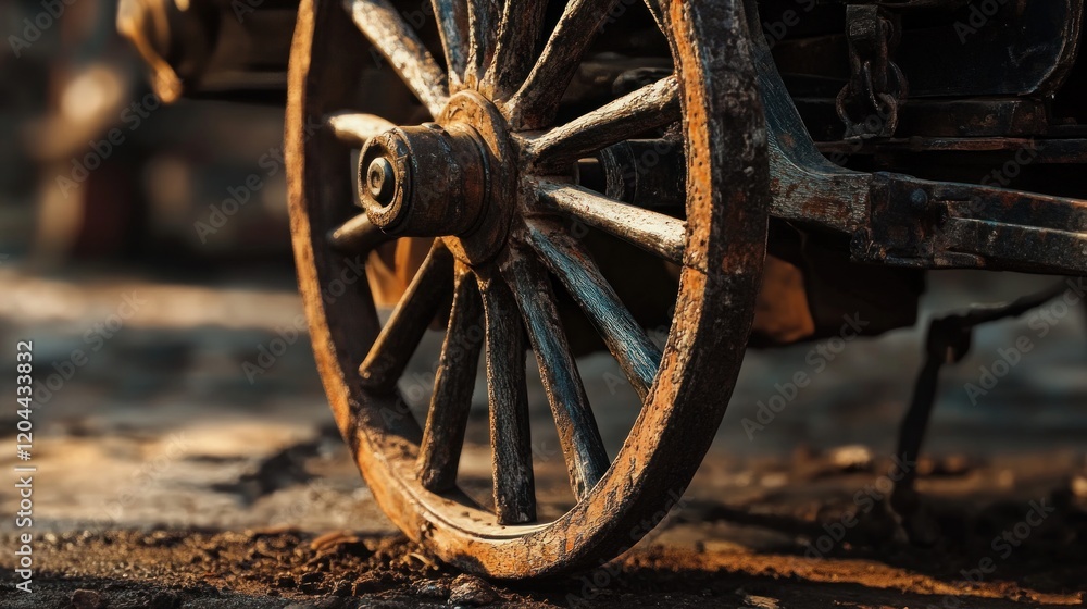 Aged wooden cart wheel with worn spokes and rusty hub resting on a dry ...