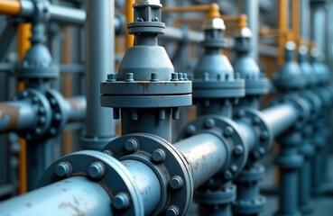 Poster - Industrial refinery plant equipment shows pump pipeline oil, gas valves. Close-up view of grey metal pipes, joints. Sturdy structure of oil, gas industry equipment visible. Piping system intricate,
