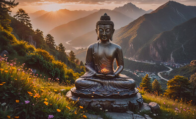 A statue of a Buddha is sitting on a hillside in a field of flowers. The statue is surrounded by a beautiful landscape with mountains in the background. Concept of peace and tranquility