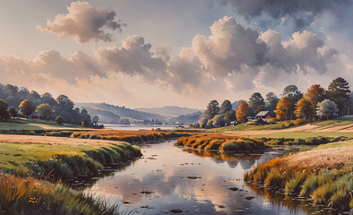 Poster - A painting of a river with a house in the background. The sky is cloudy and the water is calm