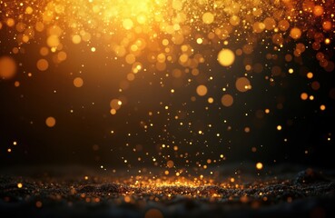 Poster - Golden glittering particles splash on dark background. Sparkling particles fall. Abstract texture. Luxurious shine. Elegant design. Futuristic illustration. Magical effect. Dynamic motion. Visual
