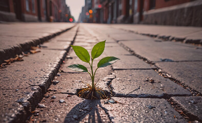 Poster - A small plant is growing in the middle of a sidewalk. The plant is surrounded by cracks in the sidewalk, and it is struggling to grow. Concept of resilience and determination