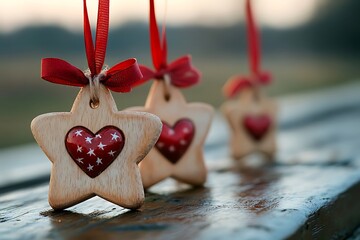 Wall Mural - Three wooden star ornaments with red hearts and ribbons on a wooden surface.