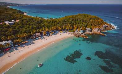 Fototapete - A beautiful beach with a clear blue ocean and palm trees. The beach is crowded with people enjoying the day