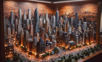 Poster - A model of a city with a large building in the middle. The city is lit up at night
