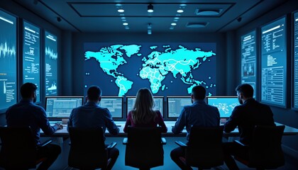 Fototapete - Tech team monitors global network activity. Security analysts work in high-tech office. Coordinate response to possible cyber threats. Global network map visible on large screen. Many computer