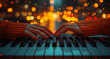 © gabriele - A close-up shot of hands playing the piano, with a blurred background showing an urban street scene at night.