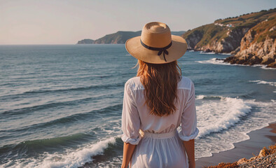 Fototapete - A woman wearing a straw hat stands on the beach looking out at the ocean. The scene is peaceful and serene, with the woman taking in the beauty of the ocean and the surrounding landscape