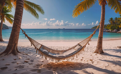 Poster - A hammock is hanging between two palm trees on a beach. The hammock is blue and white and is suspended over the ocean. The scene is peaceful and relaxing, with the sound of the waves in the background