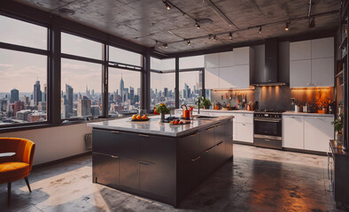 Poster - A large kitchen with a black island and a view of the city. The kitchen is very modern and clean