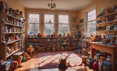 Poster - A room with a lot of books and toys. The room is very cluttered and has a lot of toys scattered around