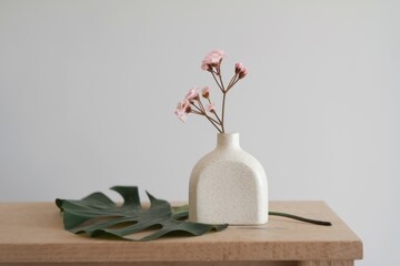 Canvas Print - Serene Minimalist Still Life: Pink Flowers in a Speckled Vase