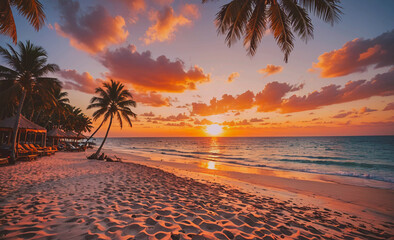 Fototapete - A beautiful beach with palm trees and a sunset in the background. The sky is filled with clouds and the sun is setting