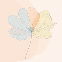 Aufkleber - Delicate line drawing of a pastel colored flower on a soft background highlighting artistic simplicity. Generative AI