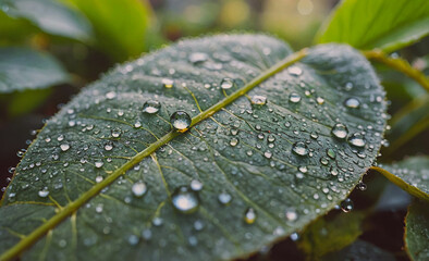 Poster - A leaf is covered in raindrops, giving it a fresh and vibrant appearance. The droplets on the leaf reflect the sunlight, creating a beautiful and serene atmosphere