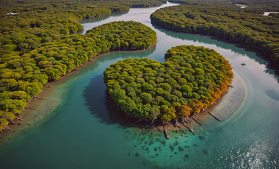 Fototapete - A river with a large tree in the middle of it. The water is green and the trees are lush