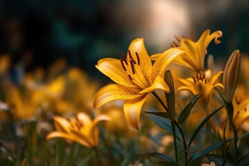 Wall Mural - Vibrant yellow lilies blooming in sunlit garden