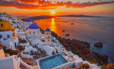 Poster - A beautiful blue and white town with a large pool and a sunset in the background. The town is located near the ocean and has a Mediterranean feel to it