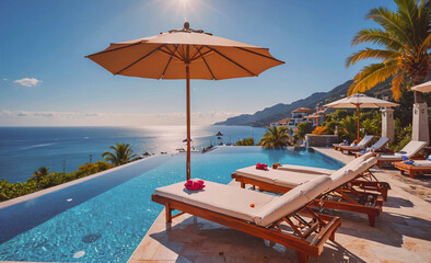 Fototapete - A pool with a large umbrella and several lounge chairs. The pool is surrounded by palm trees and the ocean