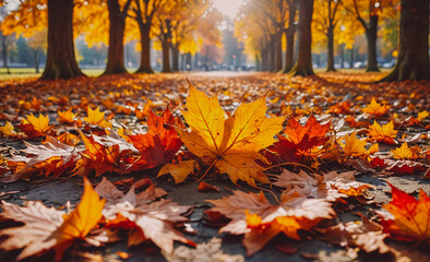 Poster - A leaf is laying on the ground in front of a row of trees. The leaves are orange and fall from the trees