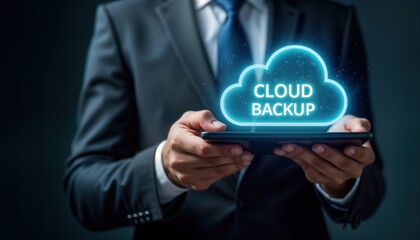Poster - Businessman holds tablet displaying cloud backup hologram. Digital data storage concept. Modern tech solution for secure data backup. Cloud computing illustration. Businessman uses digital