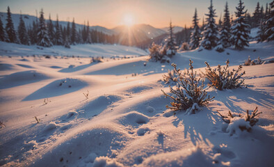 Poster - A snowy field with a sun shining on it. The sun is in the sky and the snow is white