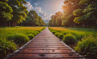 Poster - A wooden bridge spans a field of grass. The sun is shining through the trees, casting a warm glow on the scene. The peaceful atmosphere of the image evokes a sense of tranquility and serenity