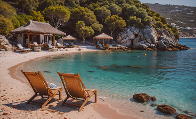 Poster - Two beach chairs are set up on the beach, facing the water. The chairs are empty, and the beach is calm and peaceful