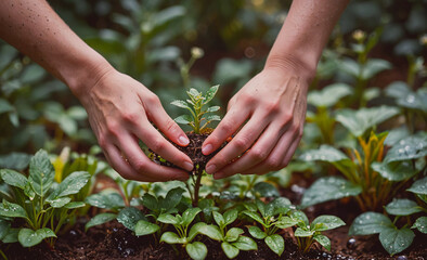 Poster - A person is planting a seedling in the dirt. Concept of nurturing and growth, as the person carefully places the seedling in the soil. The act of planting a seedling is a symbol of hope and new