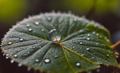 Poster - A leaf with a drop of water on it. The water droplet is small and clear. The leaf is green and has a shiny surface