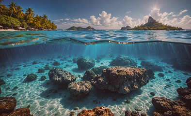 Poster - A beautiful ocean scene with a rocky shoreline and a mountain in the background. The water is clear and the rocks are scattered throughout the area