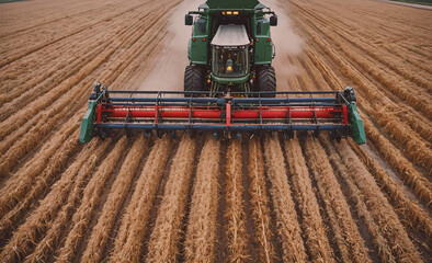 Poster - A green tractor is driving through a field of grain. The tractor is pulling a combine harvester behind it. The combine harvester is cutting the grain and collecting it in a bin